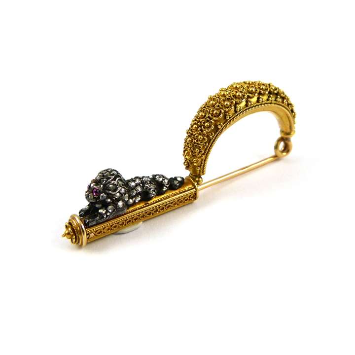 19th century gold and diamond set Fibula brooch with lion motif probably